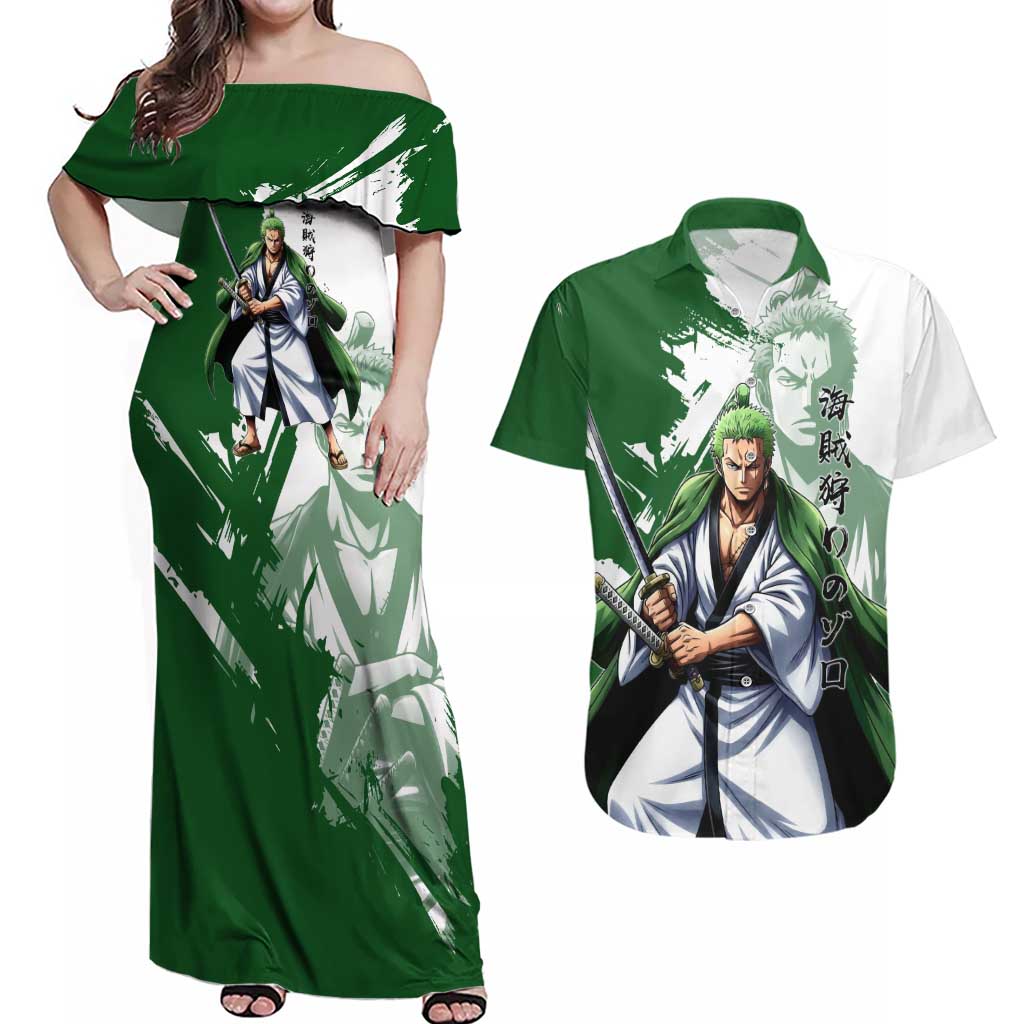 Wano Samurai Roronoa Zoro Couples Matching Off Shoulder Maxi Dress and Hawaiian Shirt Bold Ink Brush Anime Style