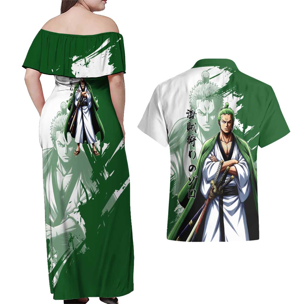 Wano Samurai Roronoa Zoro Couples Matching Off Shoulder Maxi Dress and Hawaiian Shirt Bold Ink Brush Anime Style