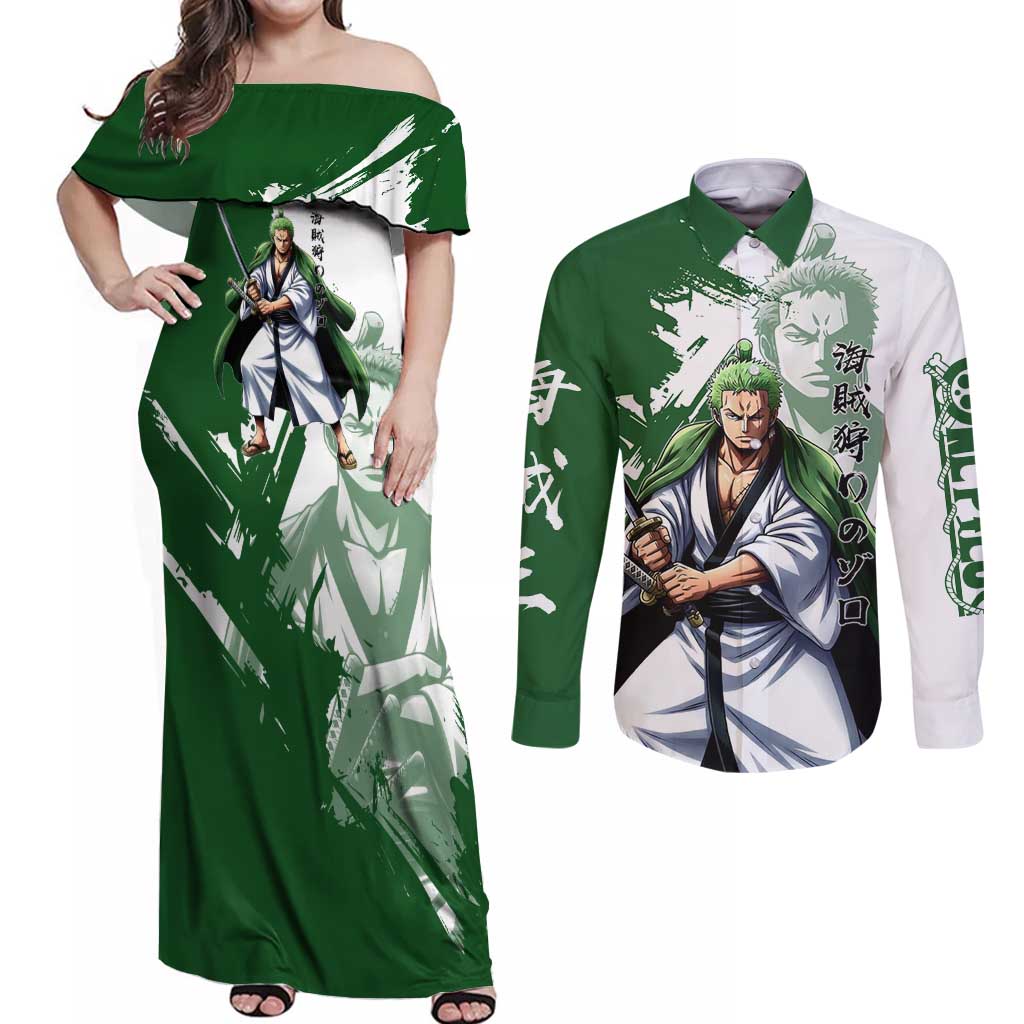 Wano Samurai Roronoa Zoro Couples Matching Off Shoulder Maxi Dress and Long Sleeve Button Shirt Bold Ink Brush Anime Style