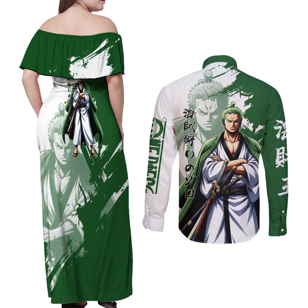 Wano Samurai Roronoa Zoro Couples Matching Off Shoulder Maxi Dress and Long Sleeve Button Shirt Bold Ink Brush Anime Style