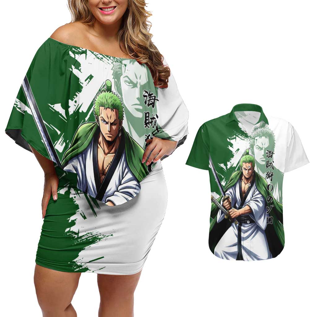 Wano Samurai Roronoa Zoro Couples Matching Off Shoulder Short Dress and Hawaiian Shirt Bold Ink Brush Anime Style