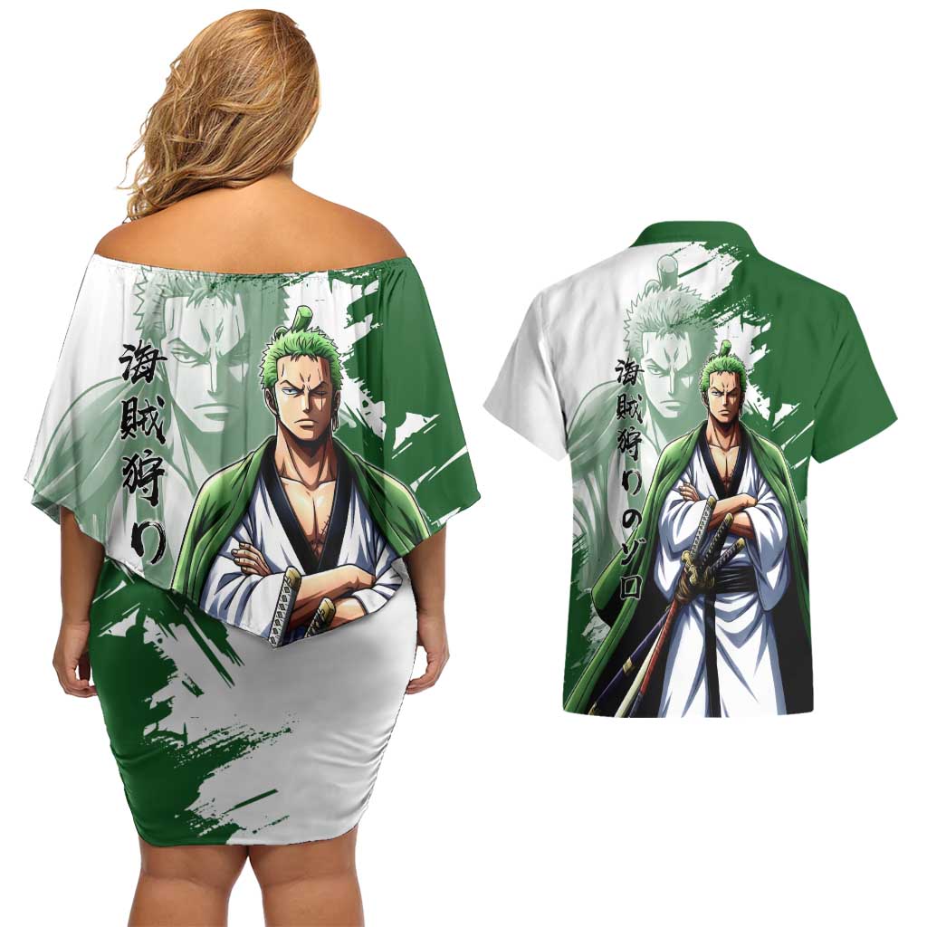 Wano Samurai Roronoa Zoro Couples Matching Off Shoulder Short Dress and Hawaiian Shirt Bold Ink Brush Anime Style