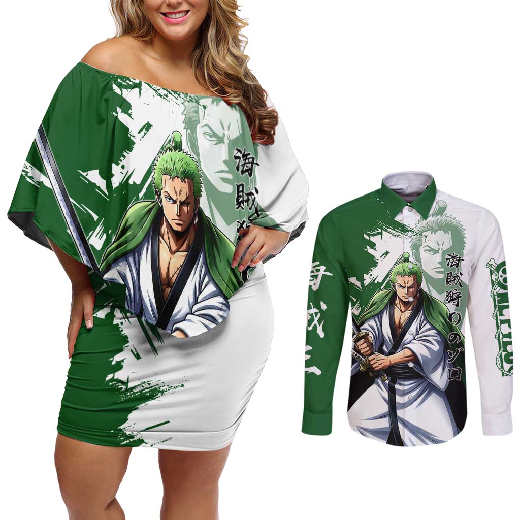 Wano Samurai Roronoa Zoro Couples Matching Off Shoulder Short Dress and Long Sleeve Button Shirt Bold Ink Brush Anime Style