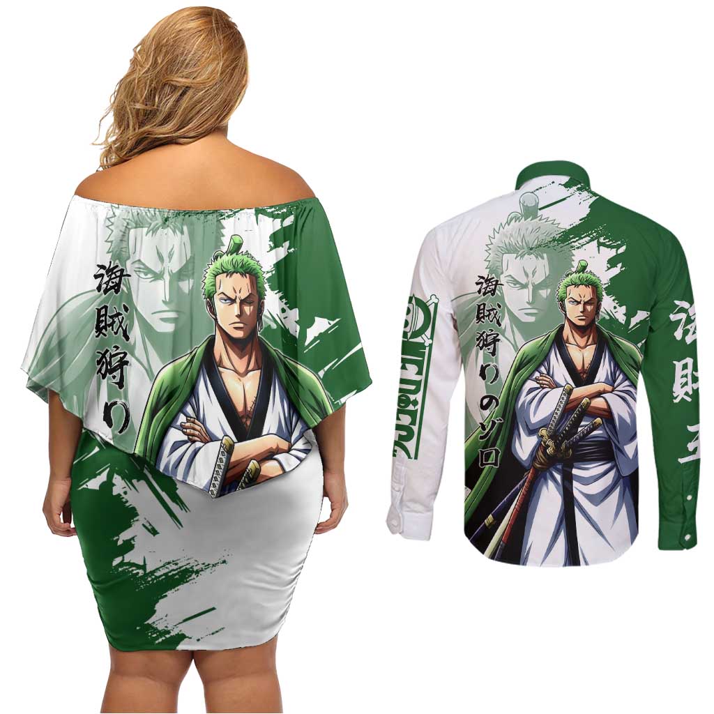 Wano Samurai Roronoa Zoro Couples Matching Off Shoulder Short Dress and Long Sleeve Button Shirt Bold Ink Brush Anime Style