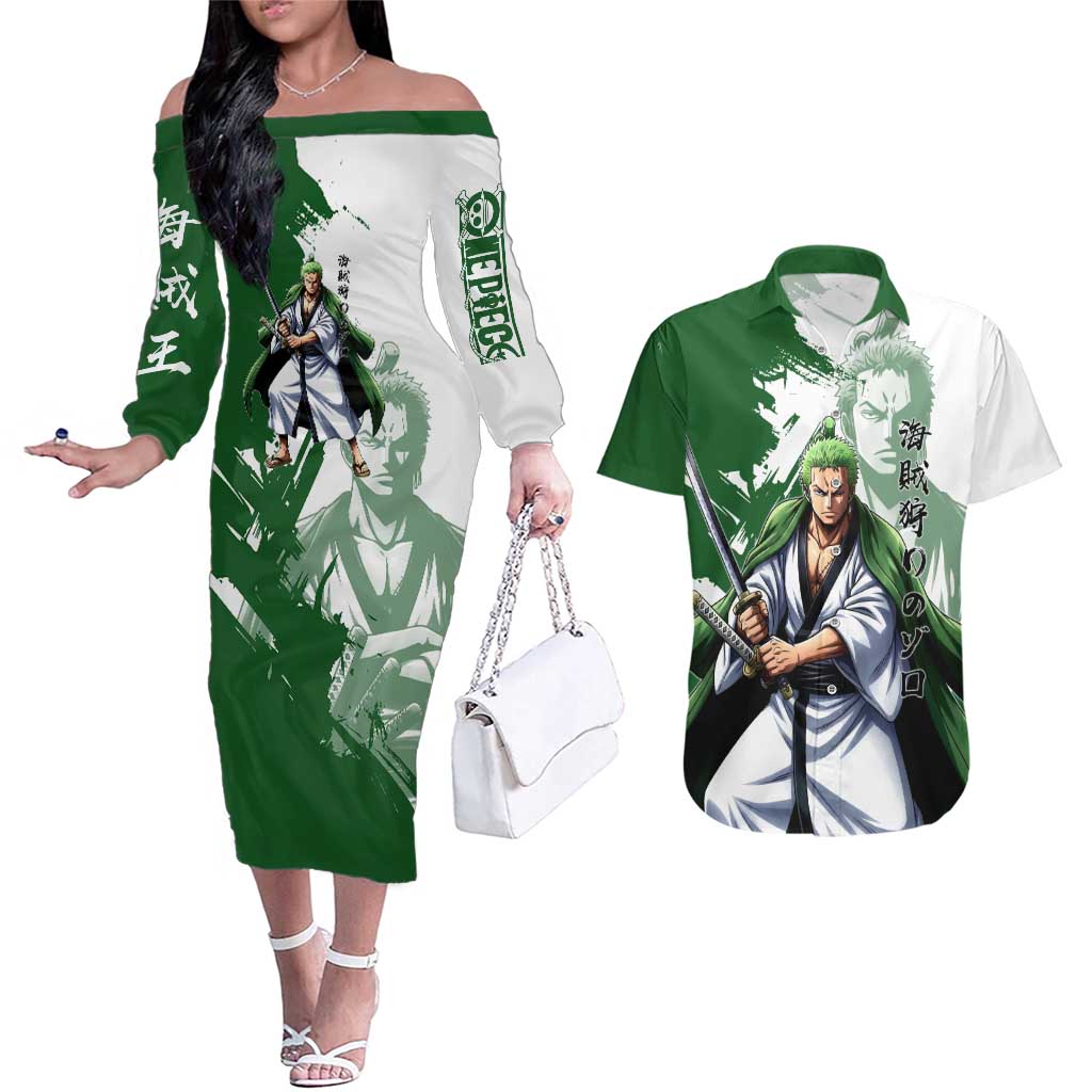 Wano Samurai Roronoa Zoro Couples Matching Off The Shoulder Long Sleeve Dress and Hawaiian Shirt Bold Ink Brush Anime Style