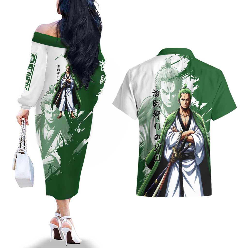 Wano Samurai Roronoa Zoro Couples Matching Off The Shoulder Long Sleeve Dress and Hawaiian Shirt Bold Ink Brush Anime Style