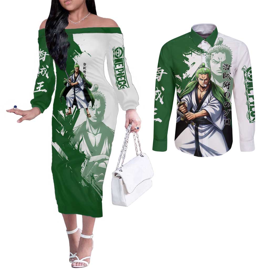 Wano Samurai Roronoa Zoro Couples Matching Off The Shoulder Long Sleeve Dress and Long Sleeve Button Shirt Bold Ink Brush Anime Style