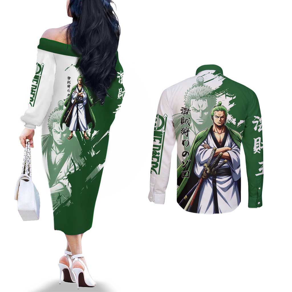 Wano Samurai Roronoa Zoro Couples Matching Off The Shoulder Long Sleeve Dress and Long Sleeve Button Shirt Bold Ink Brush Anime Style