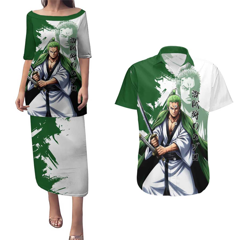 Wano Samurai Roronoa Zoro Couples Matching Puletasi and Hawaiian Shirt Bold Ink Brush Anime Style