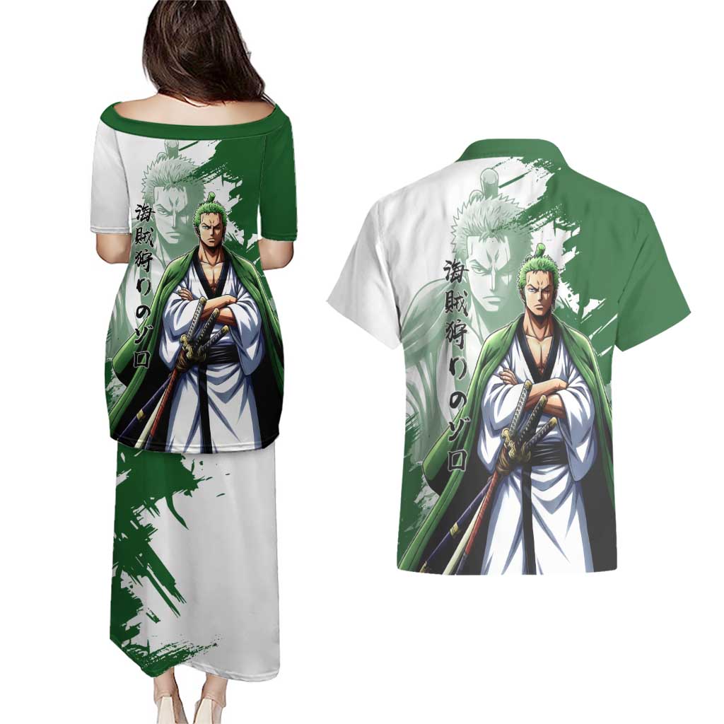 Wano Samurai Roronoa Zoro Couples Matching Puletasi and Hawaiian Shirt Bold Ink Brush Anime Style