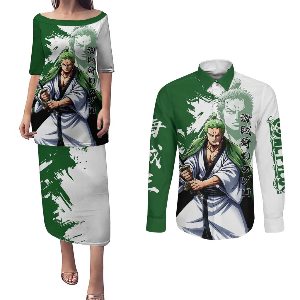 Wano Samurai Roronoa Zoro Couples Matching Puletasi and Long Sleeve Button Shirt Bold Ink Brush Anime Style