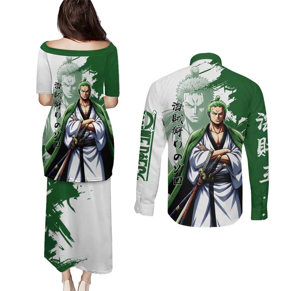 Wano Samurai Roronoa Zoro Couples Matching Puletasi and Long Sleeve Button Shirt Bold Ink Brush Anime Style