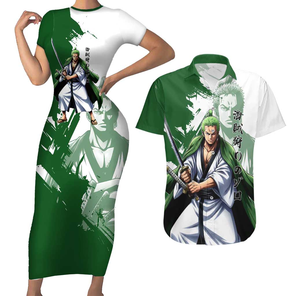Wano Samurai Roronoa Zoro Couples Matching Short Sleeve Bodycon Dress and Hawaiian Shirt Bold Ink Brush Anime Style