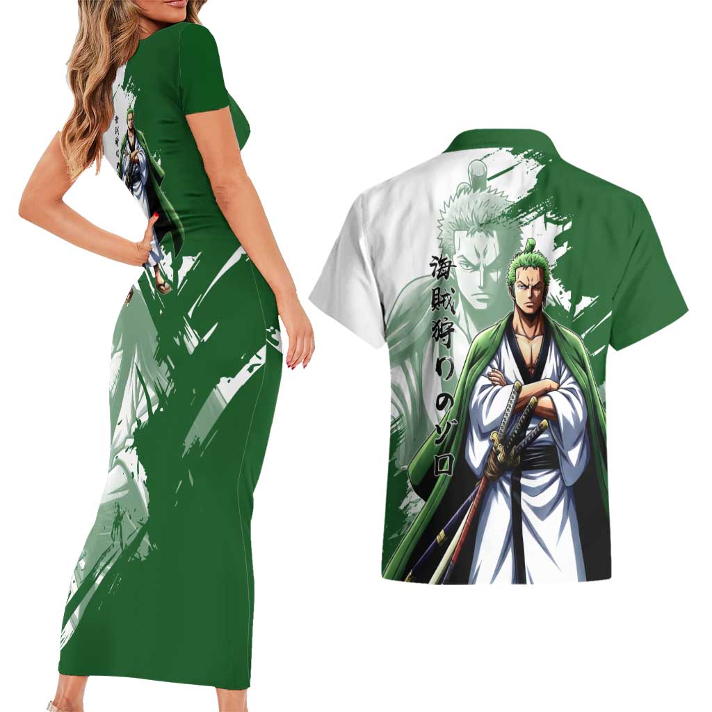 Wano Samurai Roronoa Zoro Couples Matching Short Sleeve Bodycon Dress and Hawaiian Shirt Bold Ink Brush Anime Style