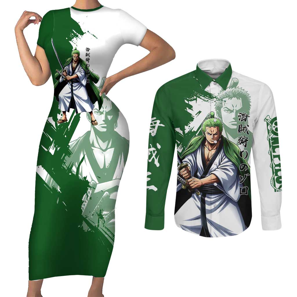 Wano Samurai Roronoa Zoro Couples Matching Short Sleeve Bodycon Dress and Long Sleeve Button Shirt Bold Ink Brush Anime Style