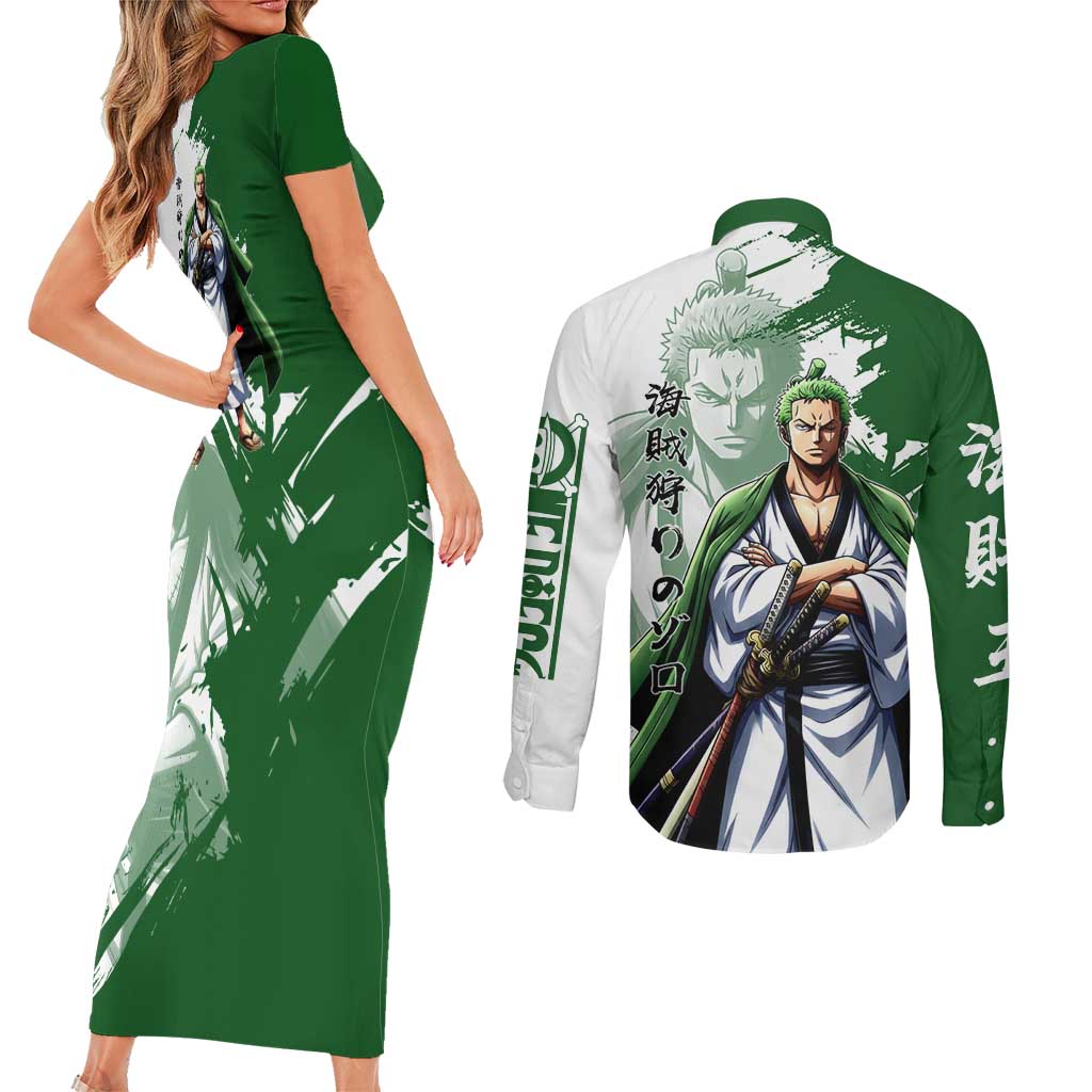 Wano Samurai Roronoa Zoro Couples Matching Short Sleeve Bodycon Dress and Long Sleeve Button Shirt Bold Ink Brush Anime Style