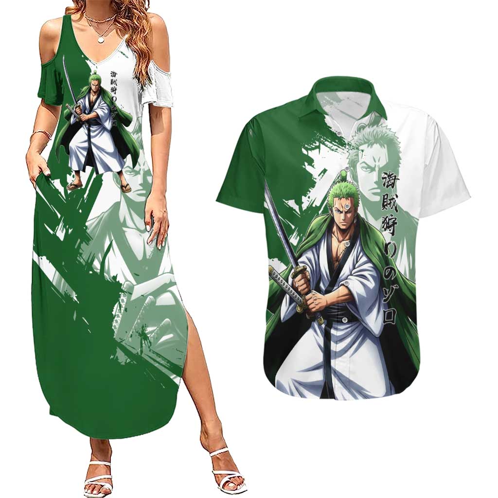 Wano Samurai Roronoa Zoro Couples Matching Summer Maxi Dress and Hawaiian Shirt Bold Ink Brush Anime Style