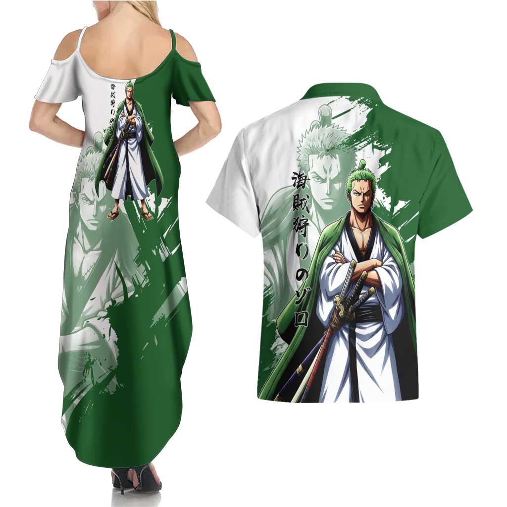 Wano Samurai Roronoa Zoro Couples Matching Summer Maxi Dress and Hawaiian Shirt Bold Ink Brush Anime Style