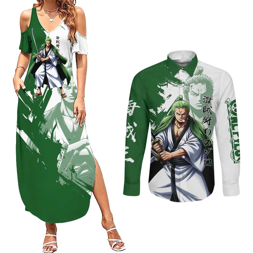 Wano Samurai Roronoa Zoro Couples Matching Summer Maxi Dress and Long Sleeve Button Shirt Bold Ink Brush Anime Style