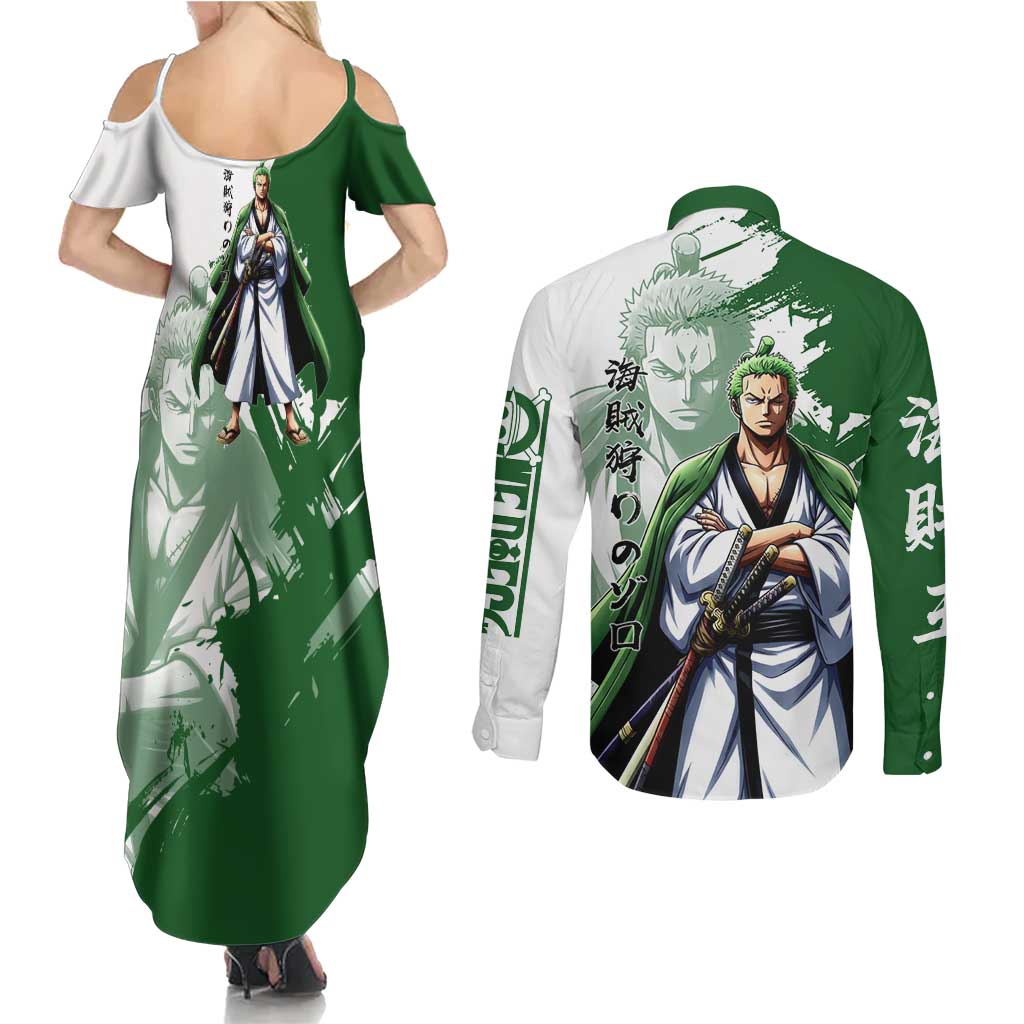 Wano Samurai Roronoa Zoro Couples Matching Summer Maxi Dress and Long Sleeve Button Shirt Bold Ink Brush Anime Style