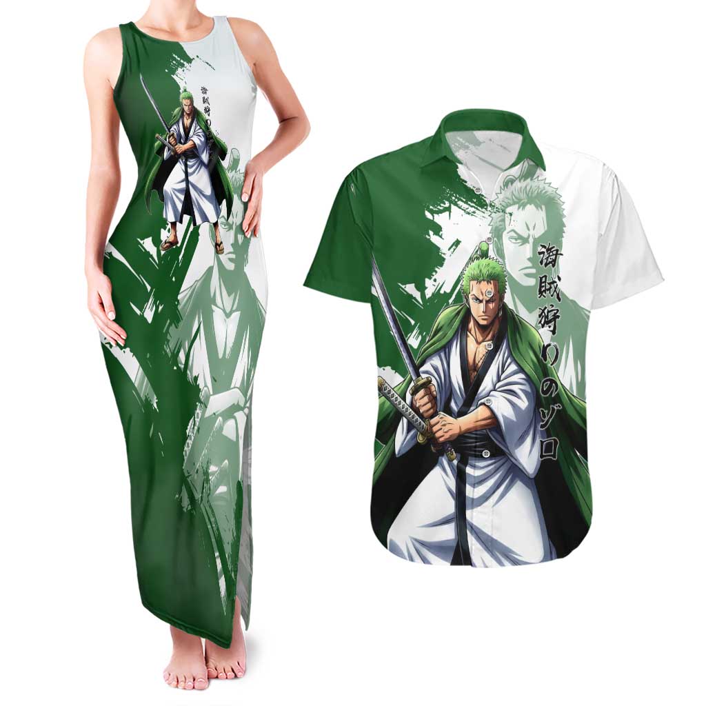 Wano Samurai Roronoa Zoro Couples Matching Tank Maxi Dress and Hawaiian Shirt Bold Ink Brush Anime Style