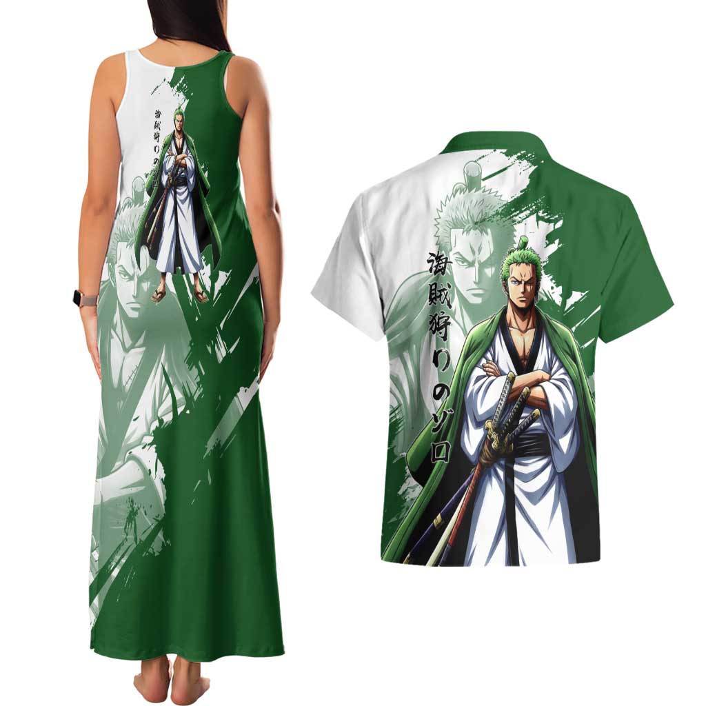 Wano Samurai Roronoa Zoro Couples Matching Tank Maxi Dress and Hawaiian Shirt Bold Ink Brush Anime Style