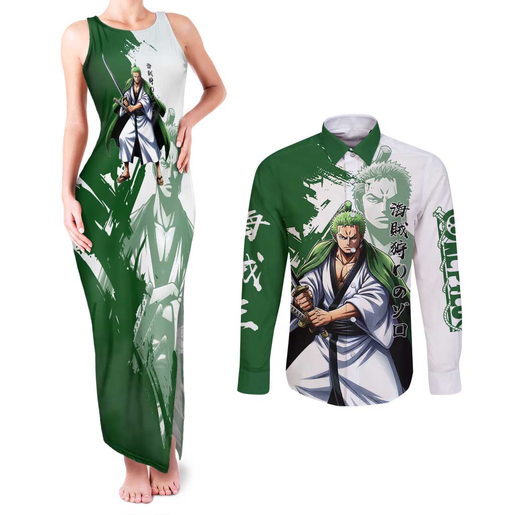 Wano Samurai Roronoa Zoro Couples Matching Tank Maxi Dress and Long Sleeve Button Shirt Bold Ink Brush Anime Style