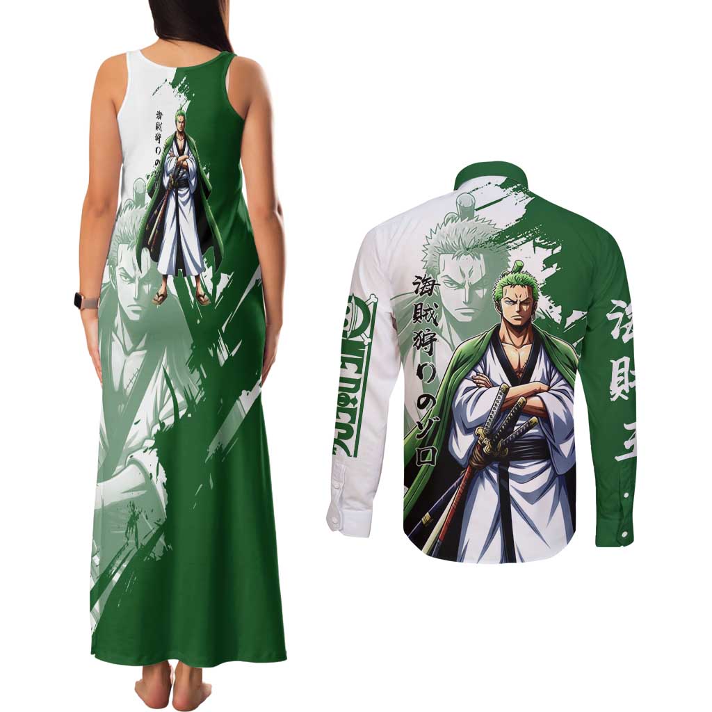 Wano Samurai Roronoa Zoro Couples Matching Tank Maxi Dress and Long Sleeve Button Shirt Bold Ink Brush Anime Style