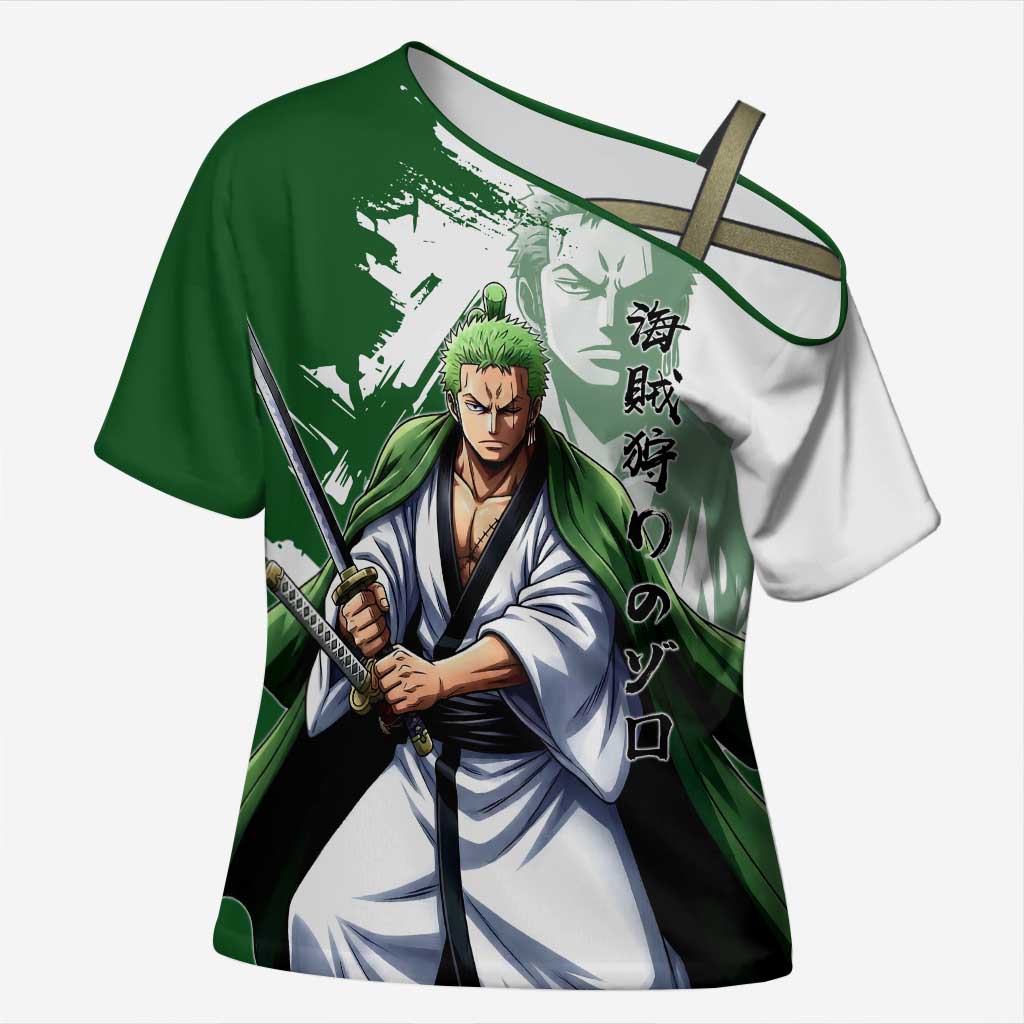 Wano Samurai Roronoa Zoro Cross Shoulder Shirt Bold Ink Brush Anime Style