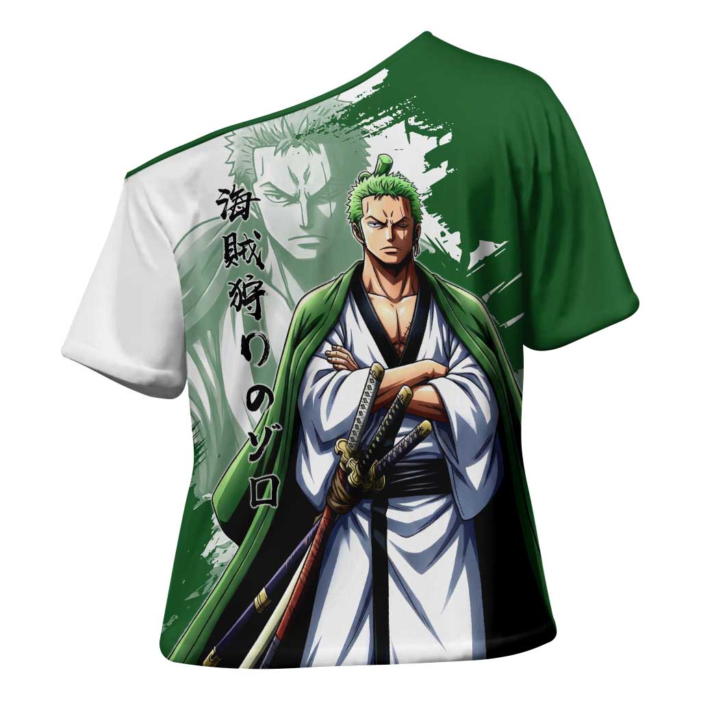 Wano Samurai Roronoa Zoro Cross Shoulder Shirt Bold Ink Brush Anime Style