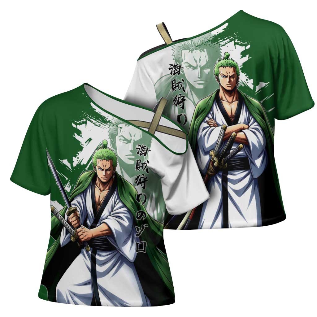 Wano Samurai Roronoa Zoro Cross Shoulder Shirt Bold Ink Brush Anime Style