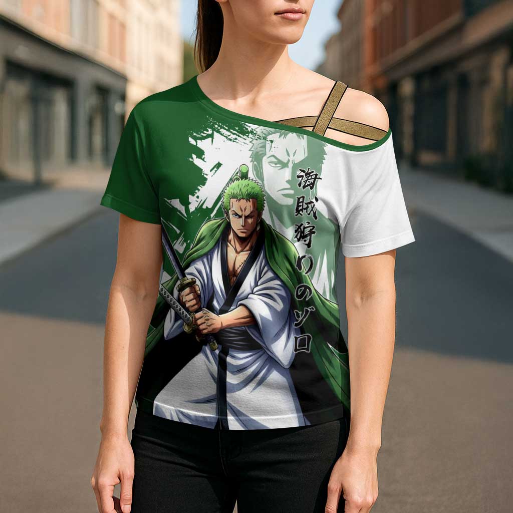 Wano Samurai Roronoa Zoro Cross Shoulder Shirt Bold Ink Brush Anime Style
