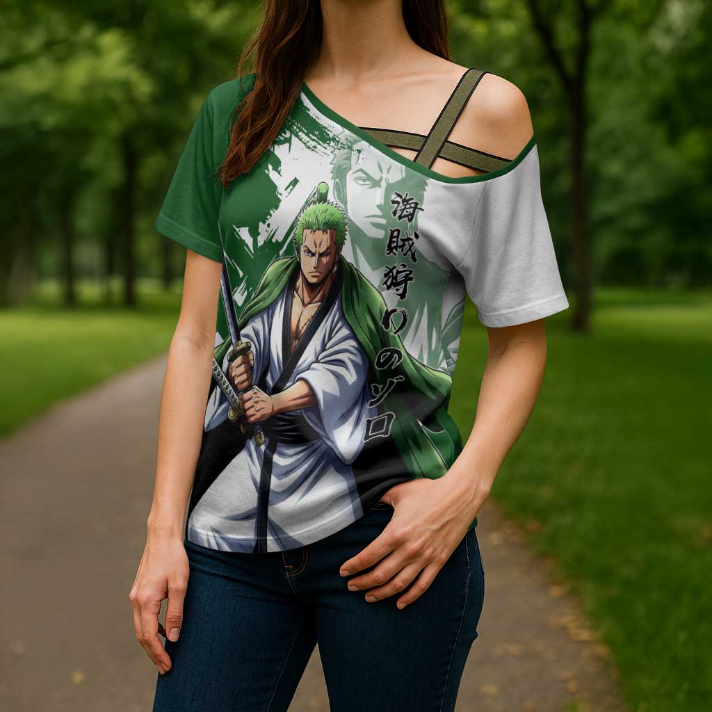 Wano Samurai Roronoa Zoro Cross Shoulder Shirt Bold Ink Brush Anime Style