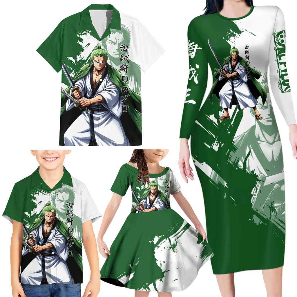 Wano Samurai Roronoa Zoro Family Matching Long Sleeve Bodycon Dress and Hawaiian Shirt Bold Ink Brush Anime Style