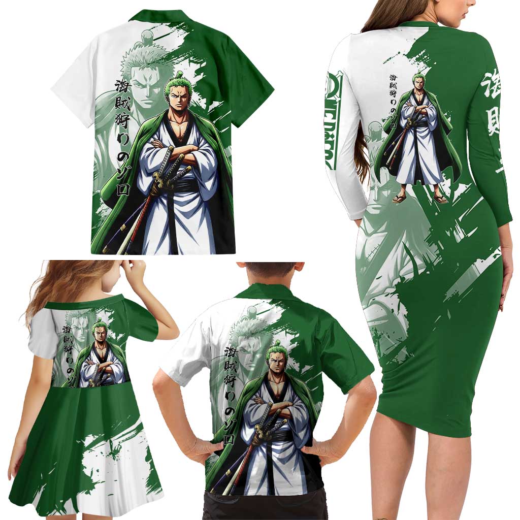 Wano Samurai Roronoa Zoro Family Matching Long Sleeve Bodycon Dress and Hawaiian Shirt Bold Ink Brush Anime Style