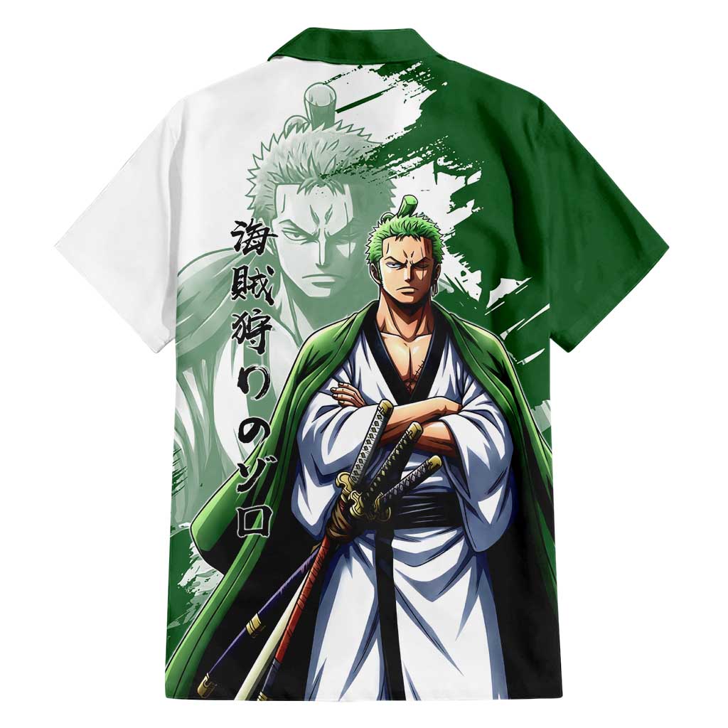 Wano Samurai Roronoa Zoro Family Matching Long Sleeve Bodycon Dress and Hawaiian Shirt Bold Ink Brush Anime Style