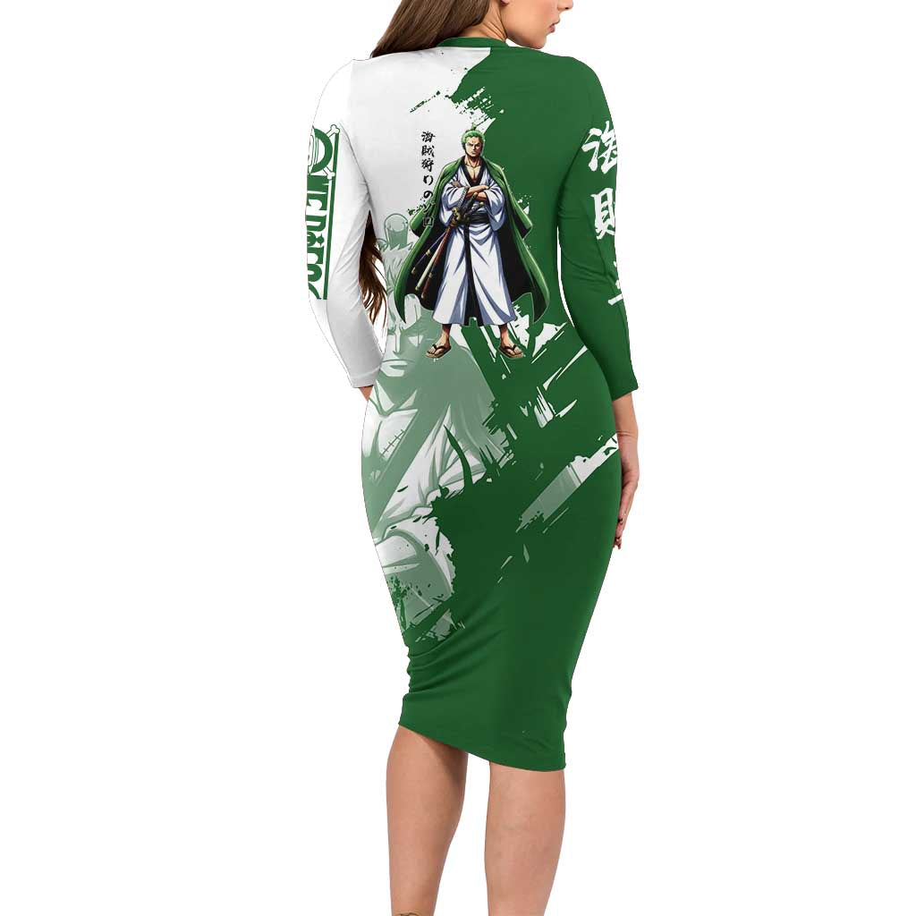 Wano Samurai Roronoa Zoro Family Matching Long Sleeve Bodycon Dress and Hawaiian Shirt Bold Ink Brush Anime Style