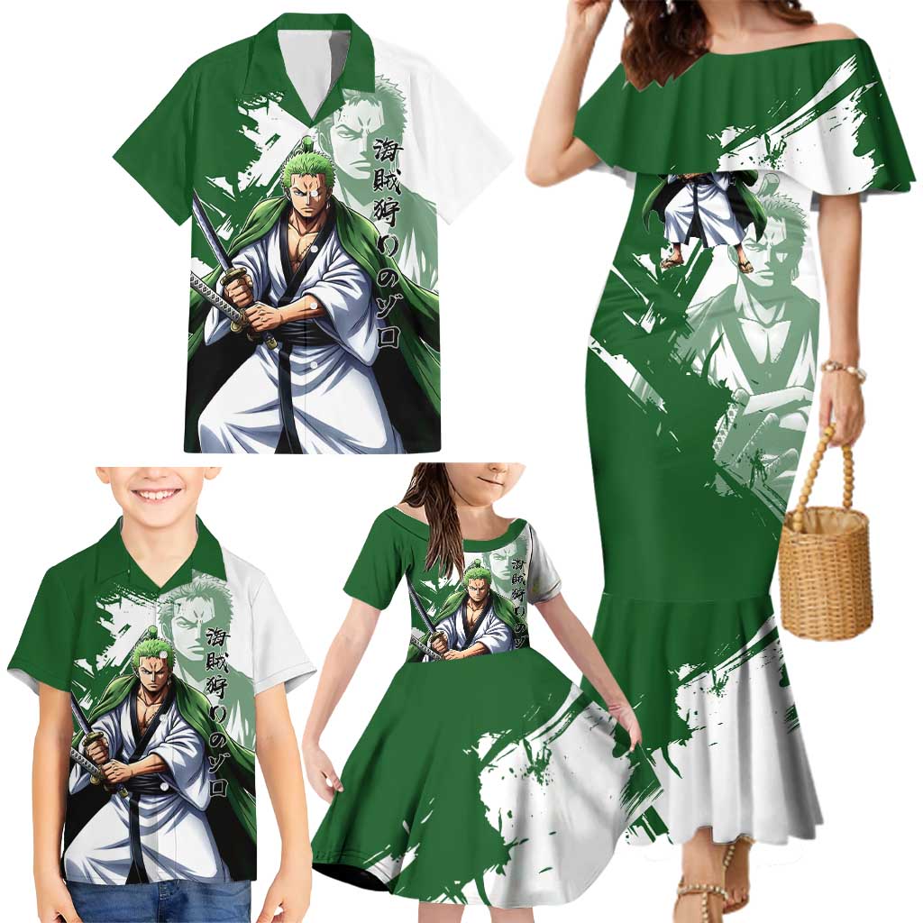 Wano Samurai Roronoa Zoro Family Matching Mermaid Dress and Hawaiian Shirt Bold Ink Brush Anime Style