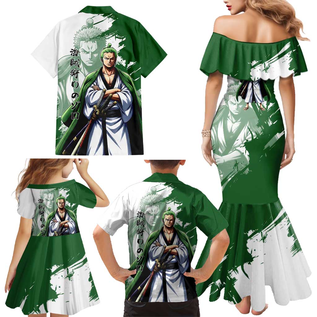 Wano Samurai Roronoa Zoro Family Matching Mermaid Dress and Hawaiian Shirt Bold Ink Brush Anime Style