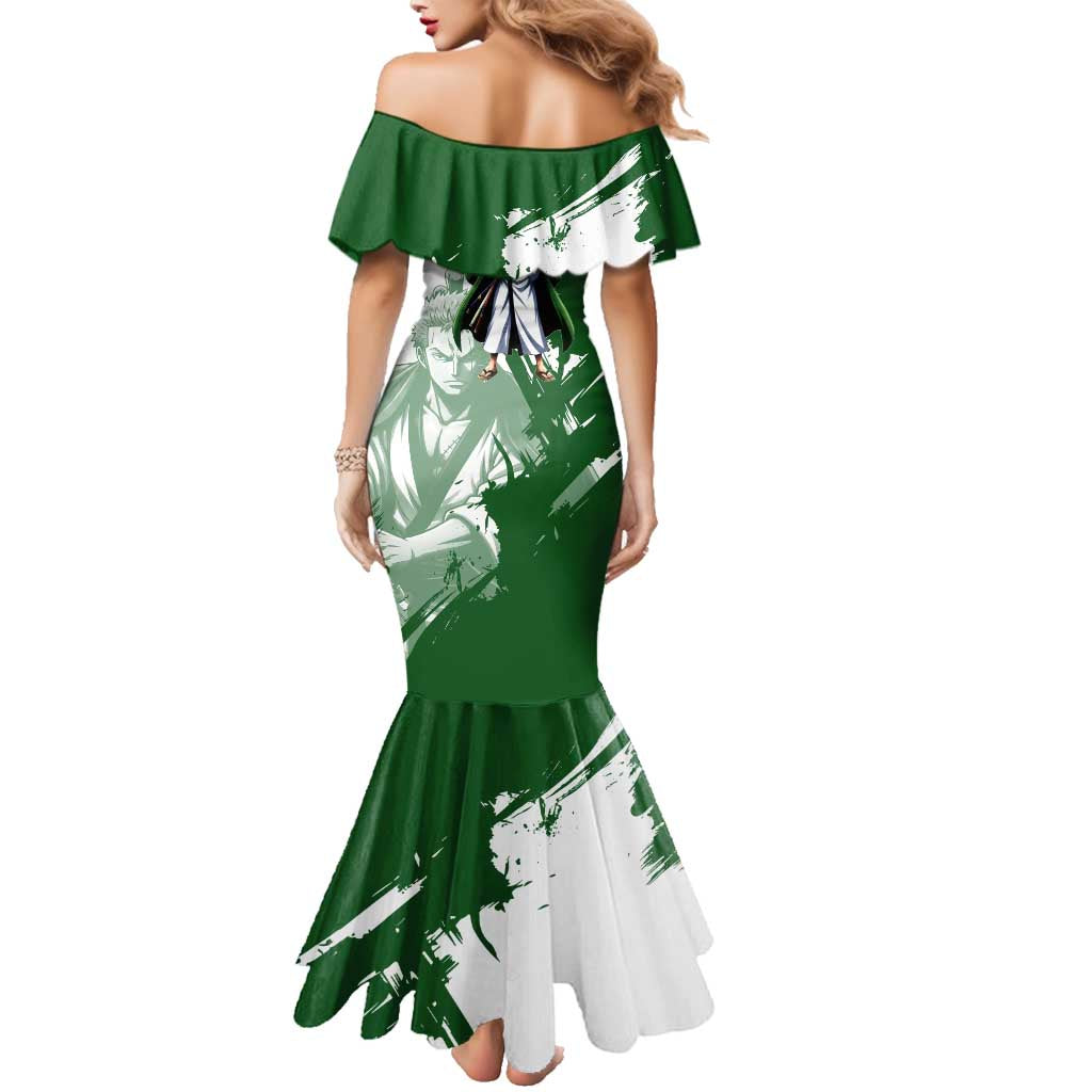 Wano Samurai Roronoa Zoro Family Matching Mermaid Dress and Hawaiian Shirt Bold Ink Brush Anime Style