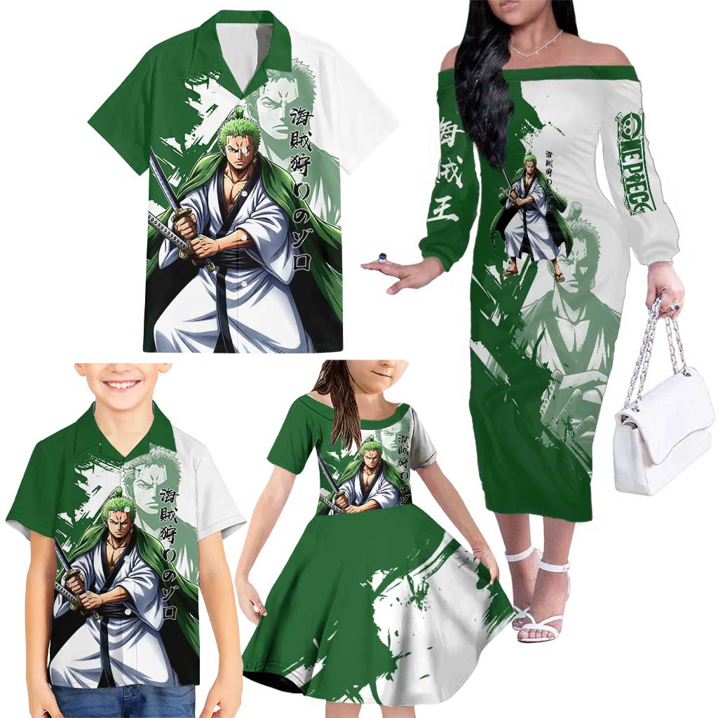 Wano Samurai Roronoa Zoro Family Matching Off The Shoulder Long Sleeve Dress and Hawaiian Shirt Bold Ink Brush Anime Style