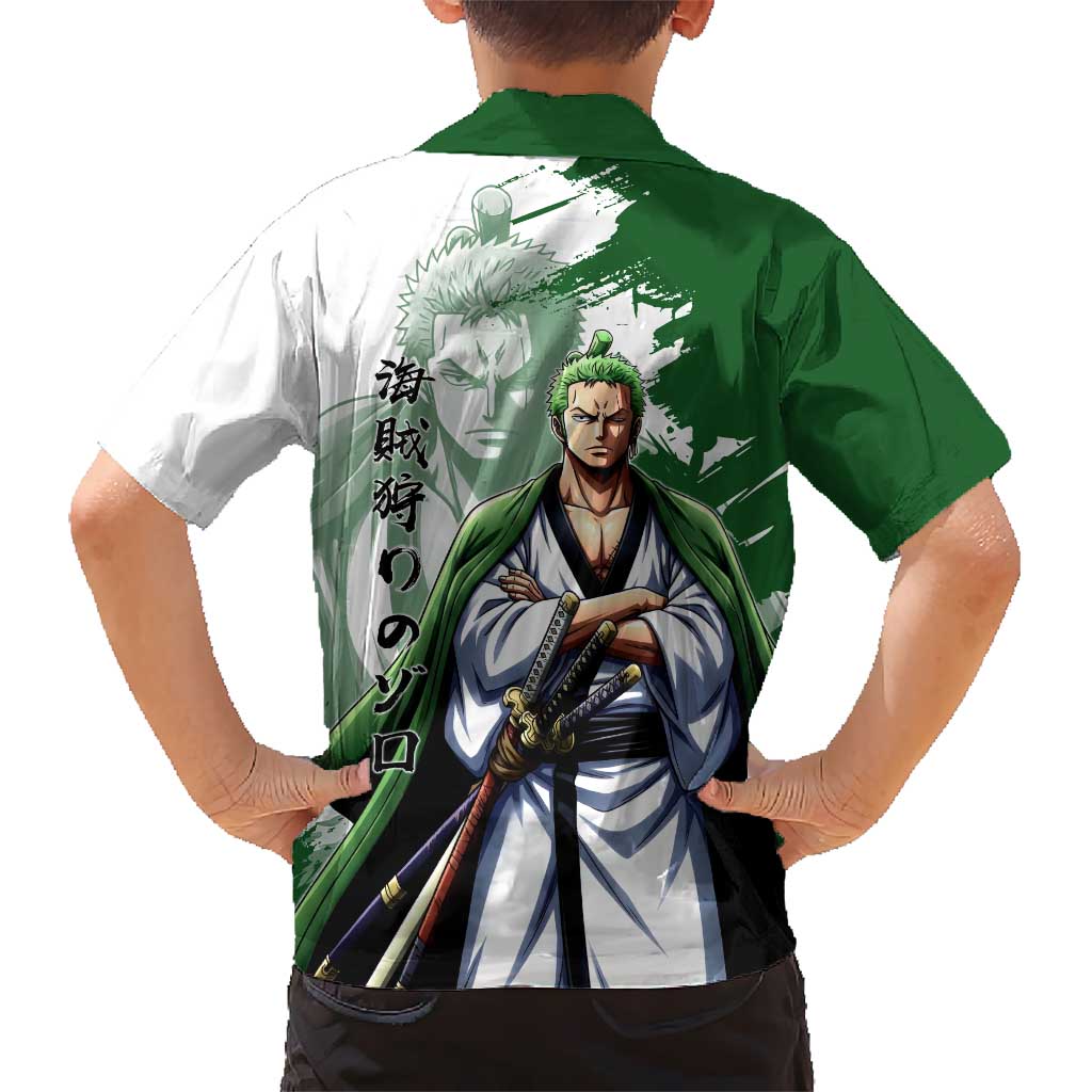 Wano Samurai Roronoa Zoro Family Matching Off The Shoulder Long Sleeve Dress and Hawaiian Shirt Bold Ink Brush Anime Style