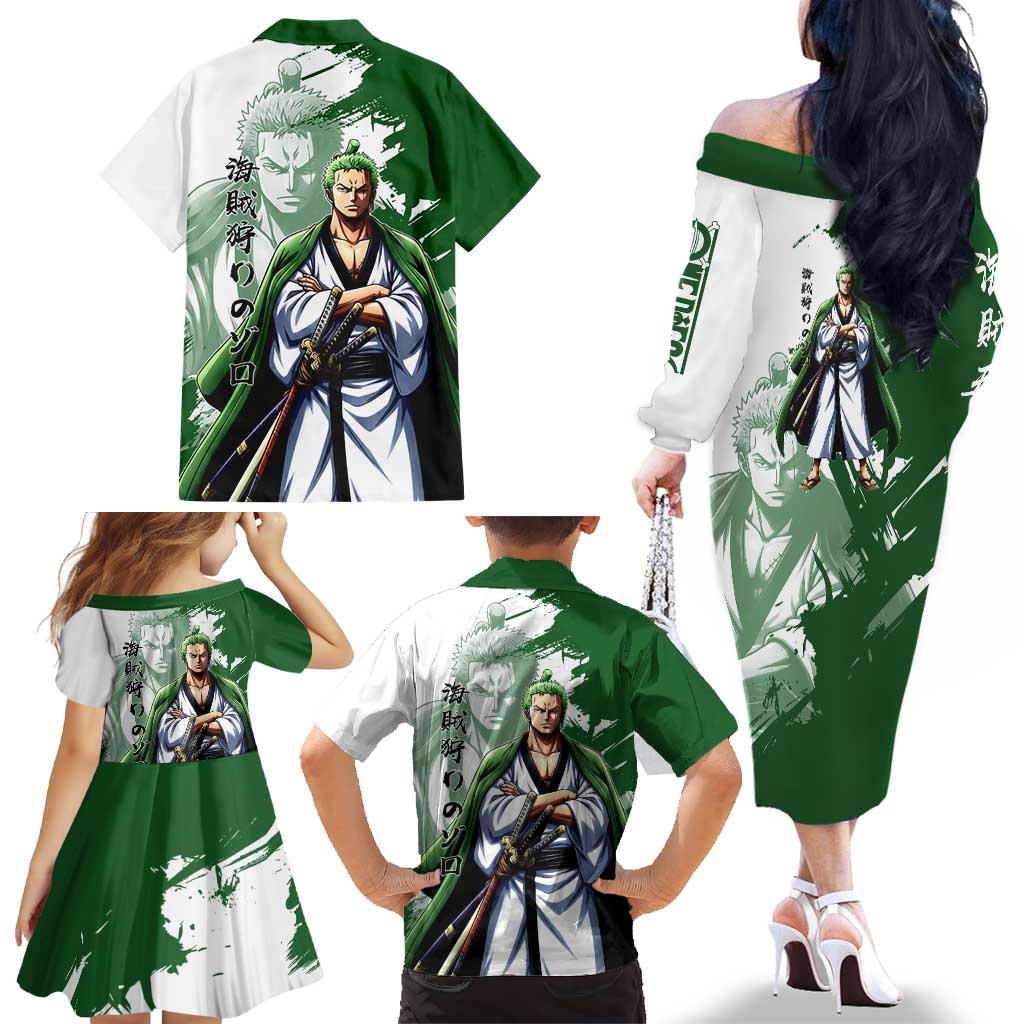 Wano Samurai Roronoa Zoro Family Matching Off The Shoulder Long Sleeve Dress and Hawaiian Shirt Bold Ink Brush Anime Style