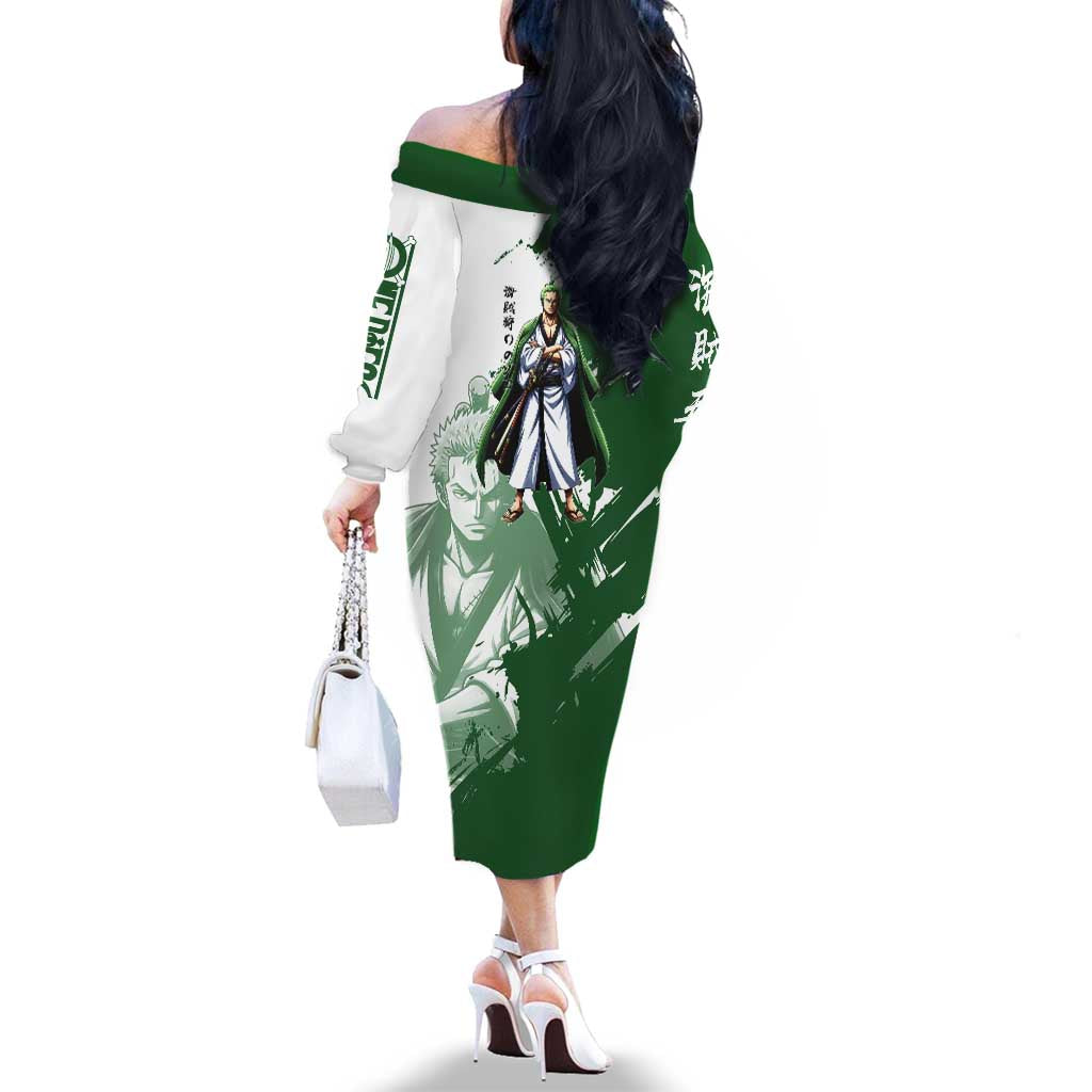 Wano Samurai Roronoa Zoro Family Matching Off The Shoulder Long Sleeve Dress and Hawaiian Shirt Bold Ink Brush Anime Style