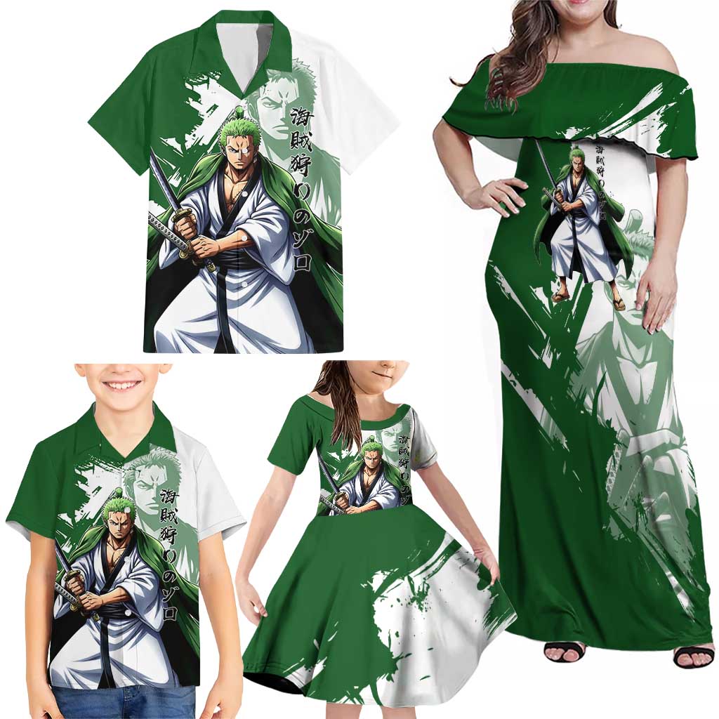 Wano Samurai Roronoa Zoro Family Matching Off Shoulder Maxi Dress and Hawaiian Shirt Bold Ink Brush Anime Style