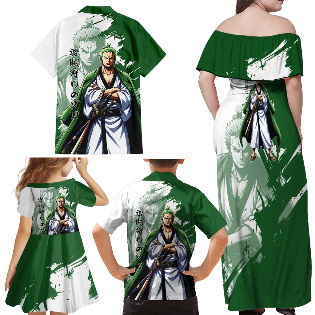 Wano Samurai Roronoa Zoro Family Matching Off Shoulder Maxi Dress and Hawaiian Shirt Bold Ink Brush Anime Style