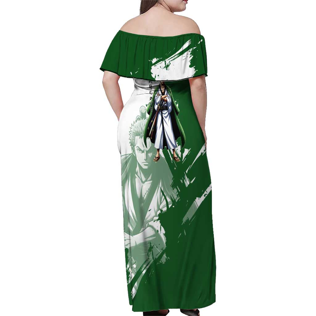 Wano Samurai Roronoa Zoro Family Matching Off Shoulder Maxi Dress and Hawaiian Shirt Bold Ink Brush Anime Style