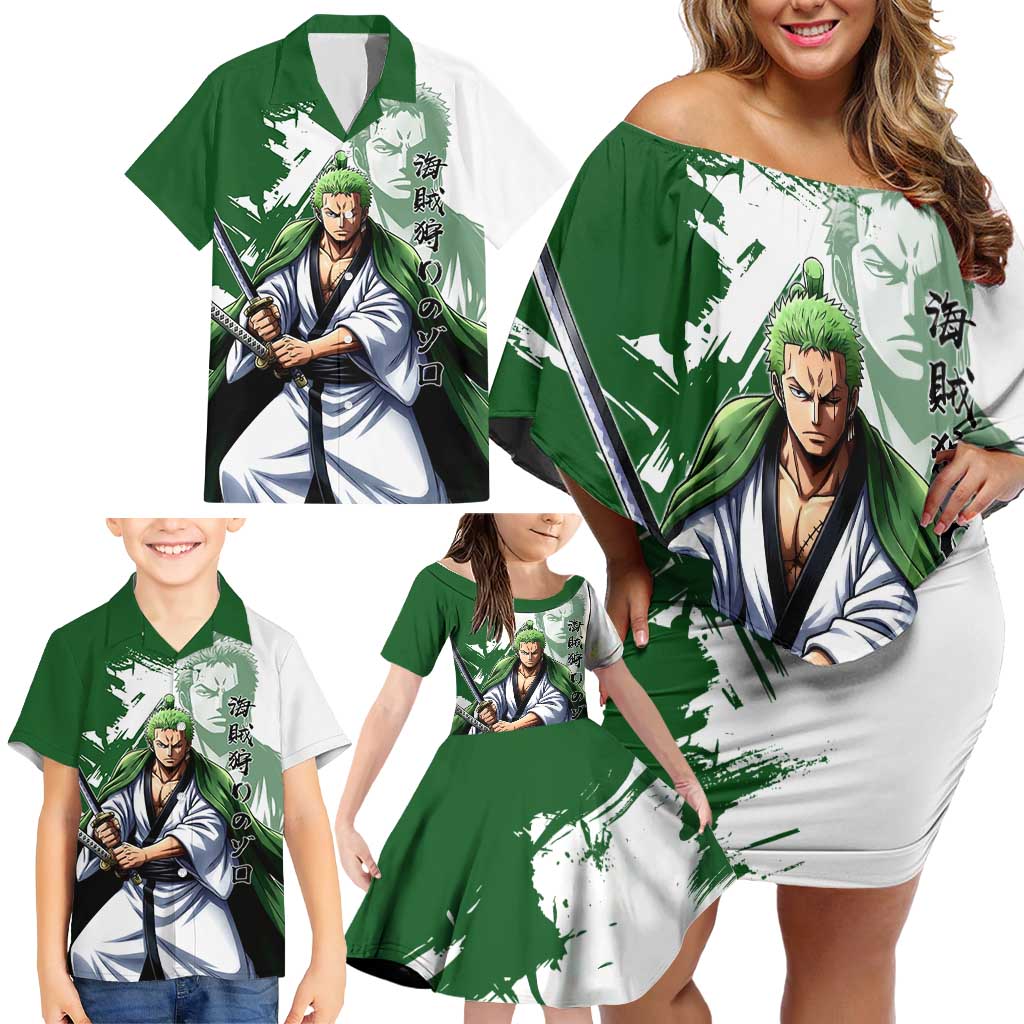 Wano Samurai Roronoa Zoro Family Matching Off Shoulder Short Dress and Hawaiian Shirt Bold Ink Brush Anime Style