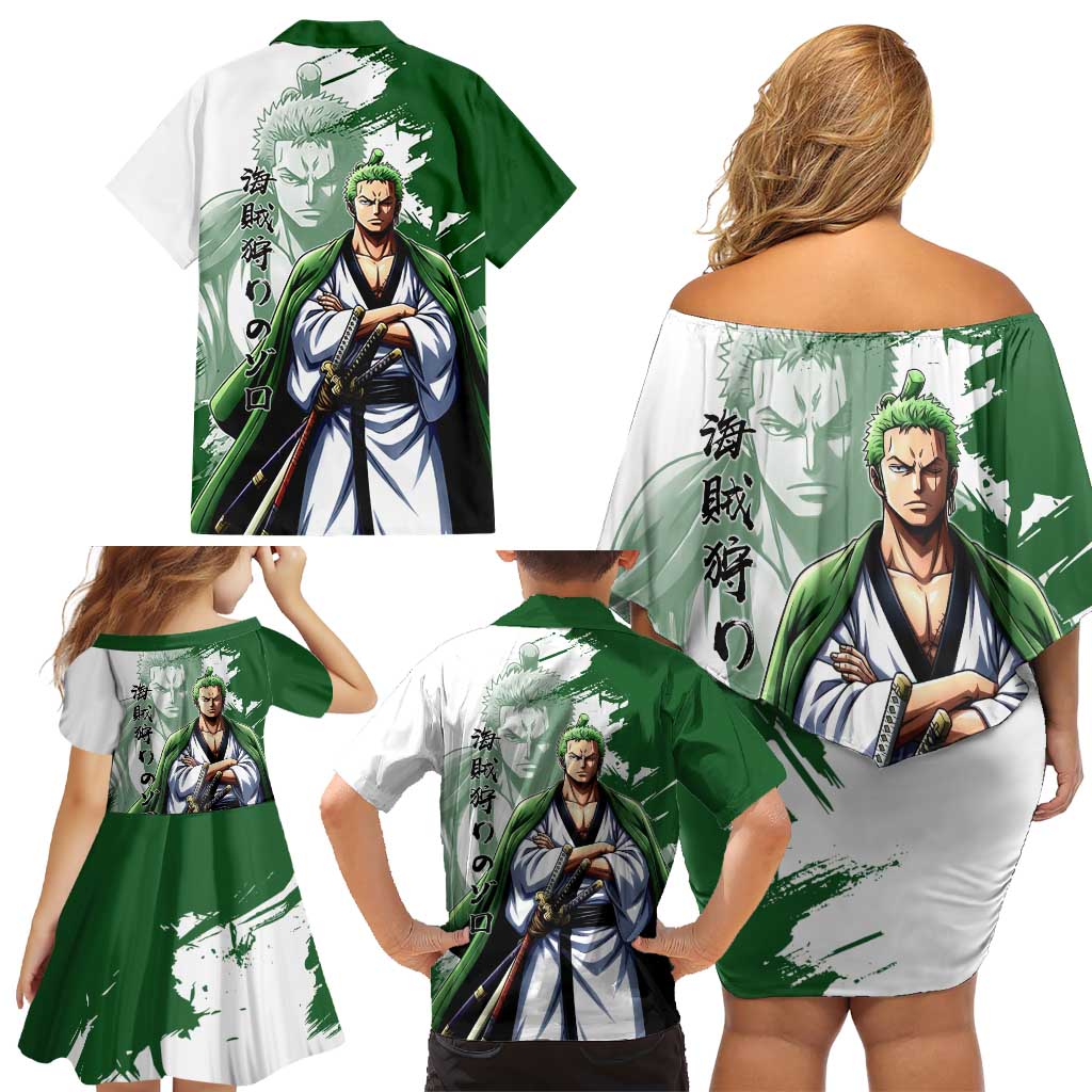 Wano Samurai Roronoa Zoro Family Matching Off Shoulder Short Dress and Hawaiian Shirt Bold Ink Brush Anime Style
