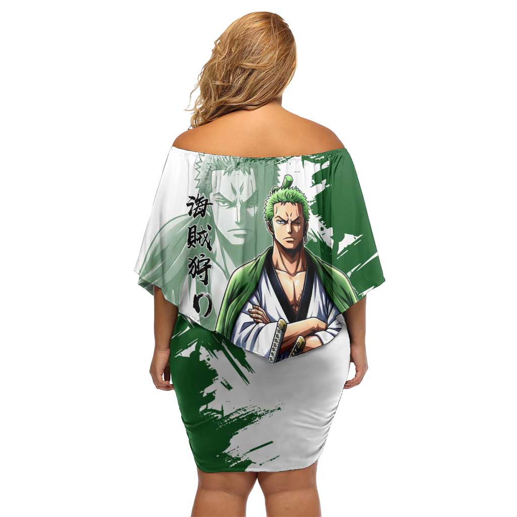 Wano Samurai Roronoa Zoro Family Matching Off Shoulder Short Dress and Hawaiian Shirt Bold Ink Brush Anime Style